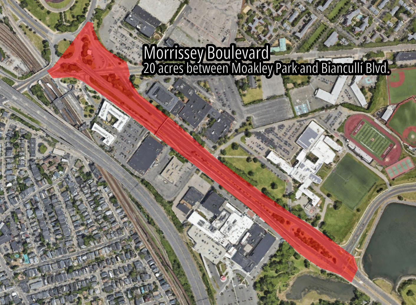 A satellite view of Morrissey Boulevard in South Boston, with Kosciuszko Circle in the upper left and Dorchester Bay in the lower right, highlighting the 20-acre footprint of the roadway in red.