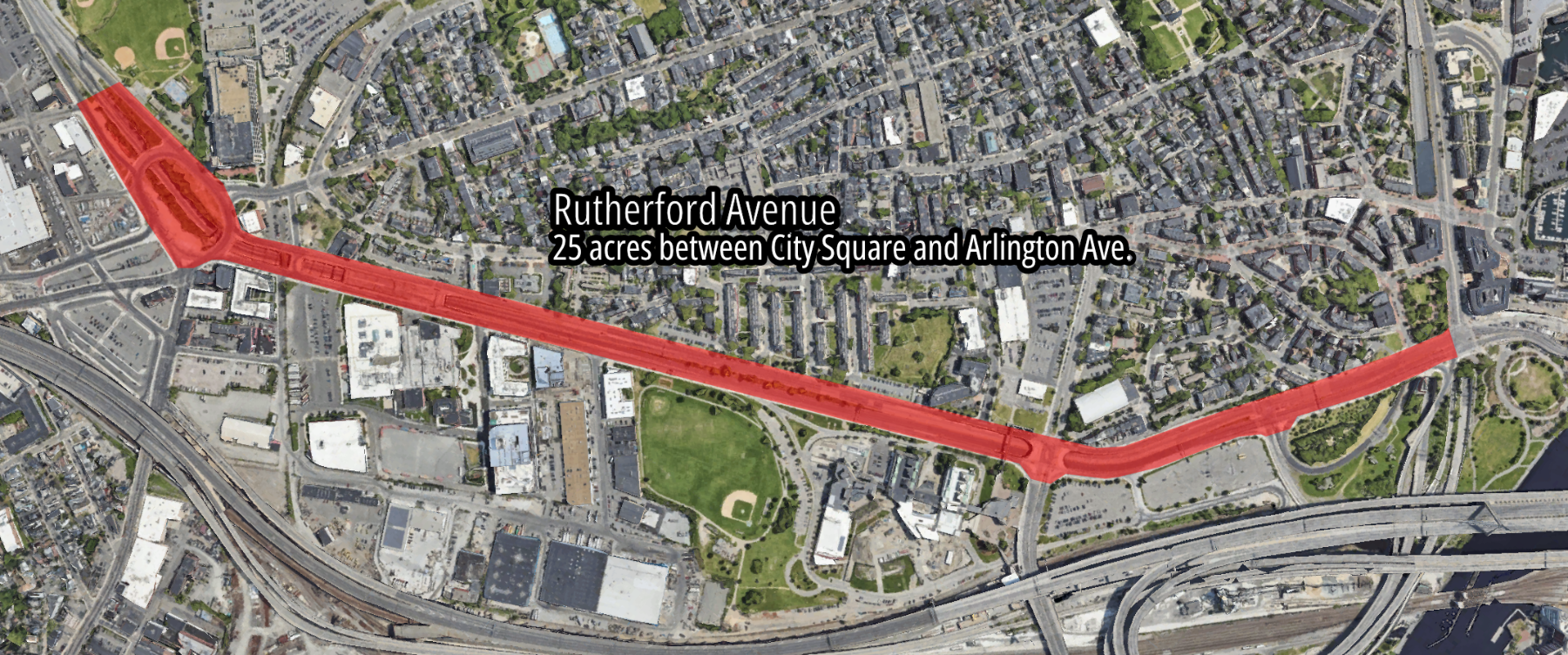 A satellite view of Rutherford Avenue in Charleston, with Sullivan Square in the upper left and the Charles River in the lower right, highlighting the 25-acre footprint of the roadway in red.