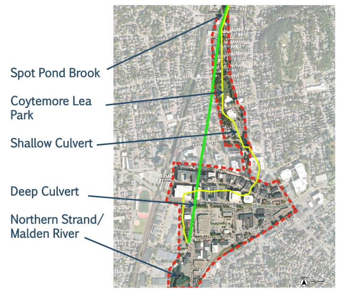 A satellite map of Malden with layered graphics showing the path of Spot Pond Brook, labeled culverts, and its connection to the Malden River and Coytemore Lea Park.