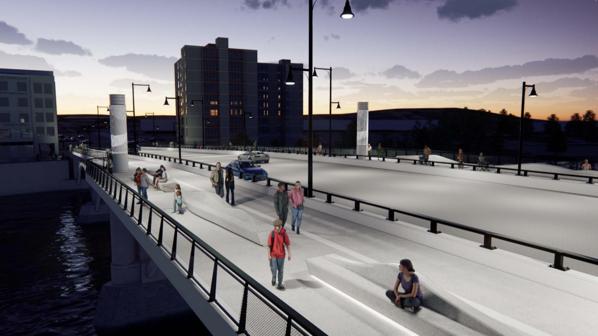 A rendering of an overlook plaza area with seating next to a railing on a bridge at dusk.