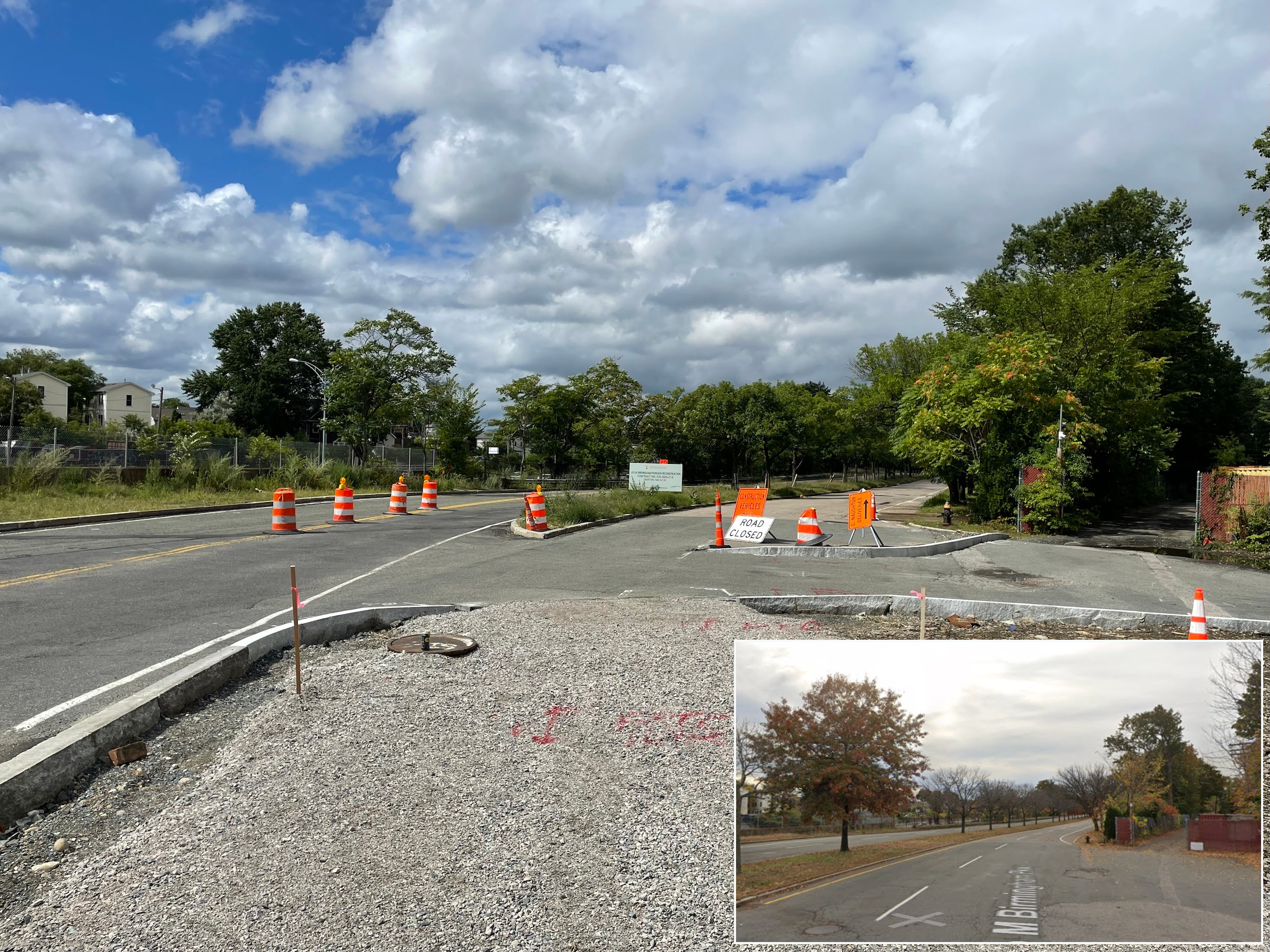 A highway construction site. New granite curbs have been installed in the middle of an older roadway with a path of packed gravel visible in the foreground. Several orange construction barrels dot the roadway. An inset at lower right shows what the same scene looked like before construction, when the same view looked down two lanes of a four-lane divided highway.
