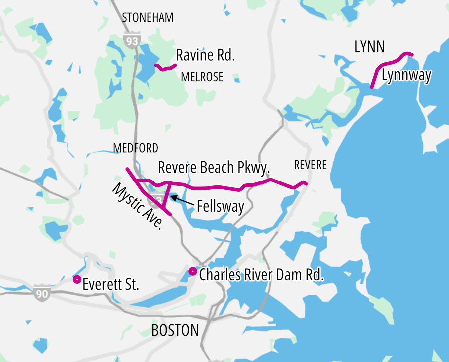 A map of the cities north of Boston, with Boston Harbor on the right, highlighting in pink 7 roadways: Everett St. and Charles River Dam Rd. near the Charles River in Boston (lower edge), Mystic Ave., Fellsway, and Revere Beach Parkway, which form a triangle in the center of the map around the Mystic River, the Lynnway in Lynn at upper right, and Ravine Road in Stoneham and Melrose, at the upper center edge of the map.