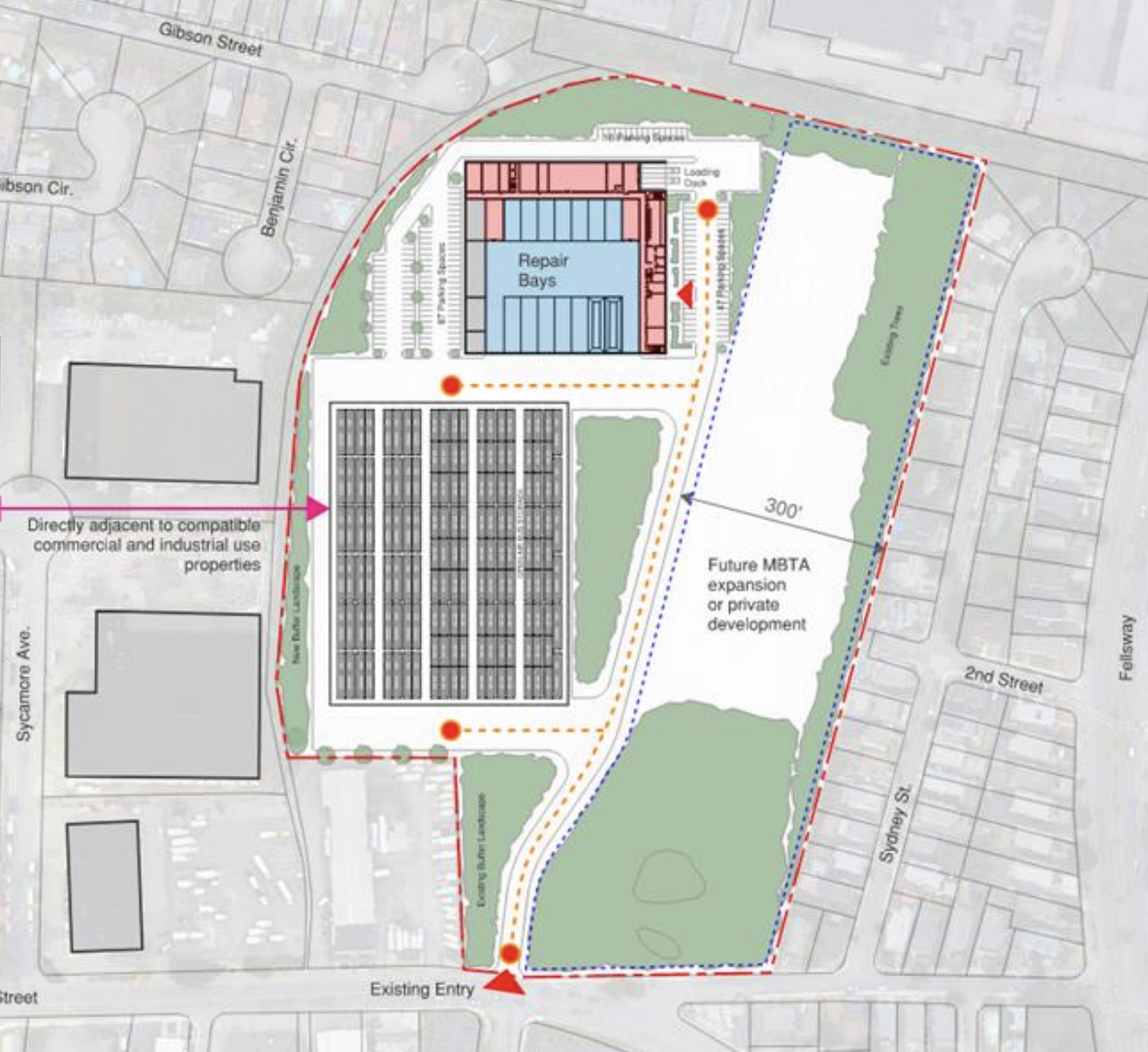 A sketch of a large property outlined in red line surrounded by cul-de-sac suburban residential neighborhoods. In the center are two bus storage buildings occupying the left (western) side of the property. 