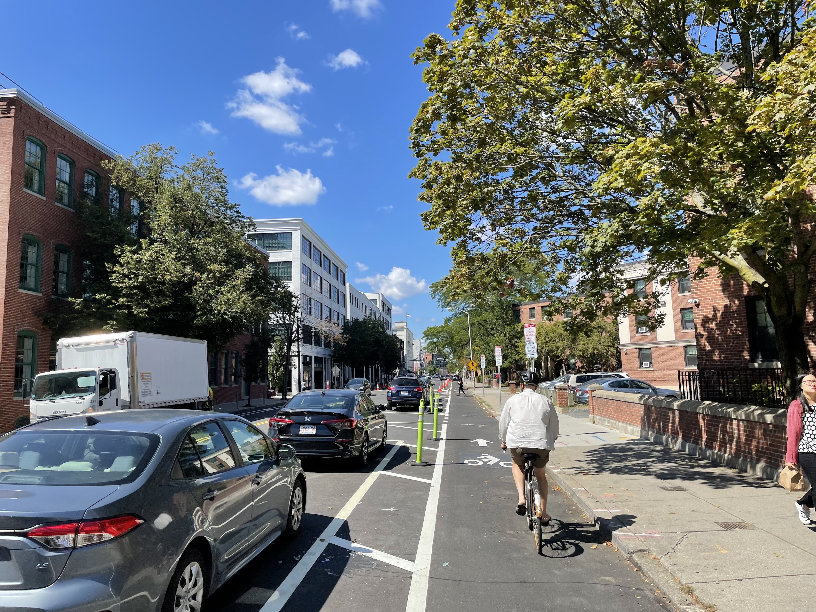 A man in a grey shirt bikes down a bike lane between a sidewalk and a row of parked cars on a street lined with 4-5 story buildings and trees.