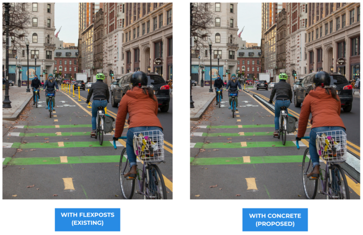 A side-by-side diptych showing two versions of the same streetscape, featuring a two-way bike lane with a dotted yellow line down the middle and several people on bikes, with some cars to the right of the bikeway, and tall buildings surrounding the street. The left version of the image shows yellow plastic bollards dividing the bikeway from the car lanes. The right version shows low concrete curbs in the buffer zone between the cars and the bikeway.