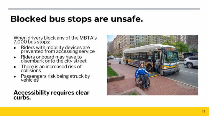 A wheelchair user exits an MBTA bus using a ramp at a bus stop. The text on the right explains the dangers of blocked bus stops, including risks for riders with mobility devices, street disembarkation, collisions, and vehicle strikes.