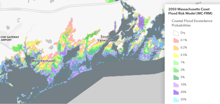 A map of Hyannis, Yarmouth, and Dennis in Cape Cod, with colorful bands along the coastline indicating various risks of flooding in 2050. Many of the neighborhoods south of MA Route 28 are colored blue and purple, indicating a 10 percent or greater risk of flooding in any given year. 
