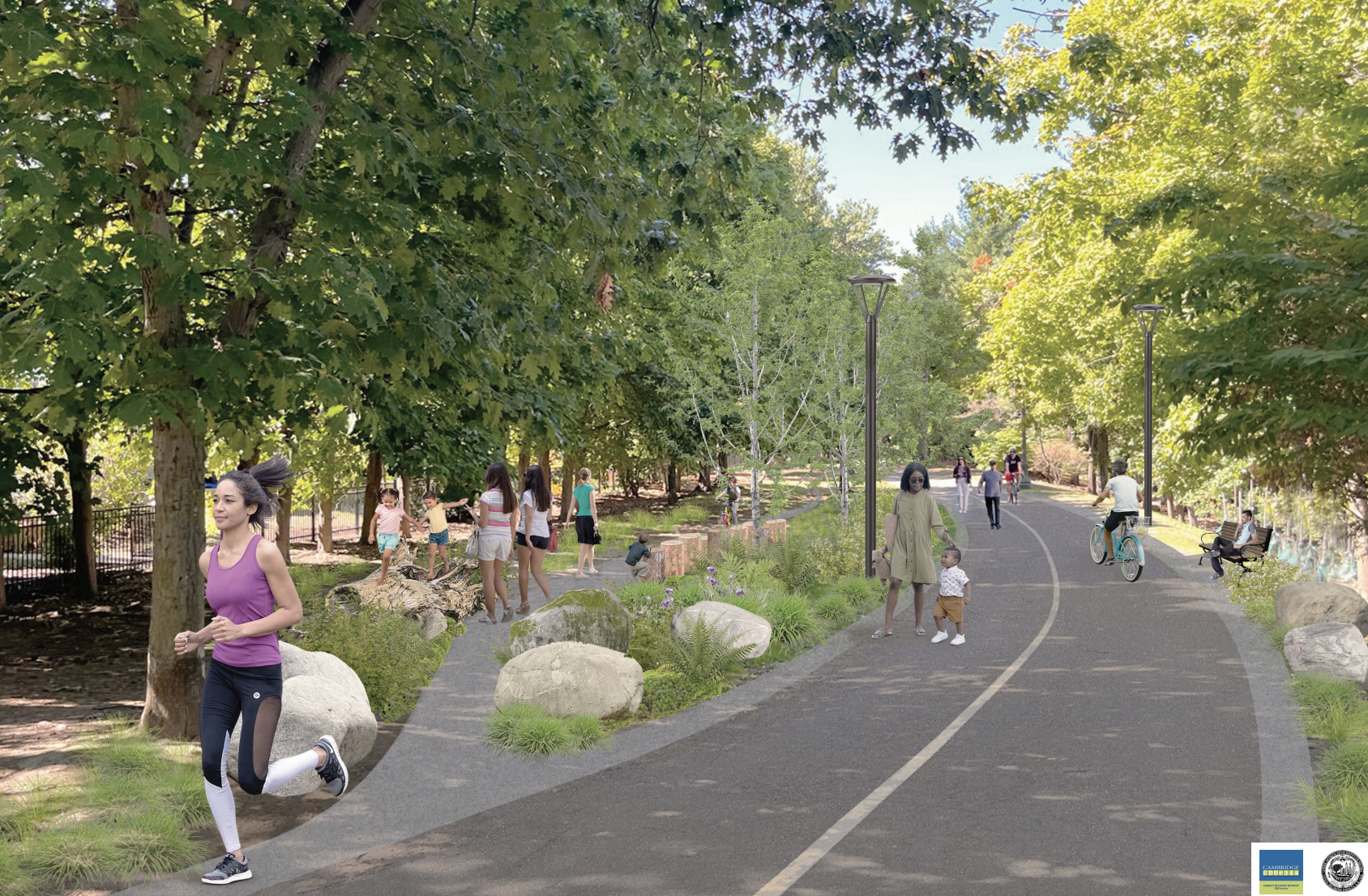 A rendering of people running and walking along a paved shared-use path lined with boulders and curving gently under a canopy of mature deciduous trees. 
