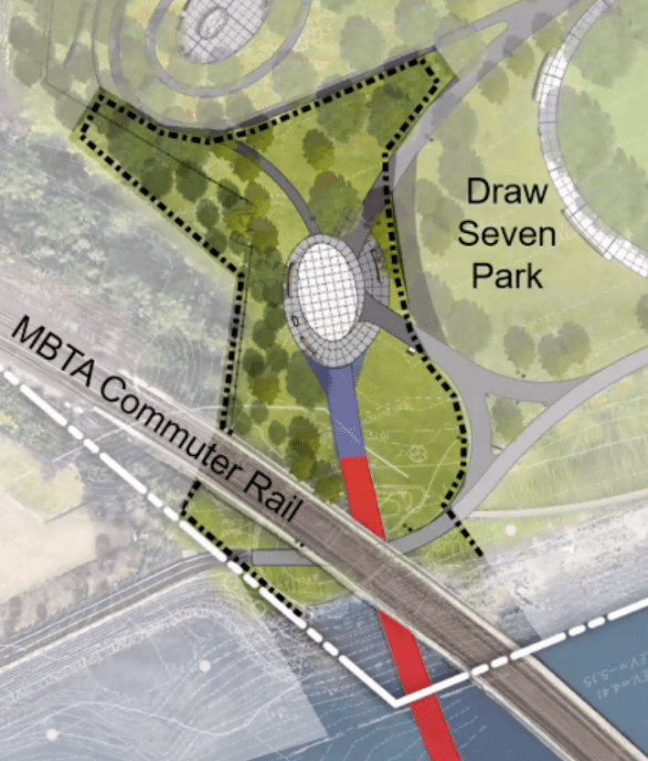 A plan view of a park labelled "Draw 7 Park" with a bridge in red coming in from the lower edge to an oval landing plaza in the center. A blue are in the lower right indicates the Mystic River. Another bridge labeled "MBTA Commuter Rail" crosses the image from the center of the left edge to the lower right corner.