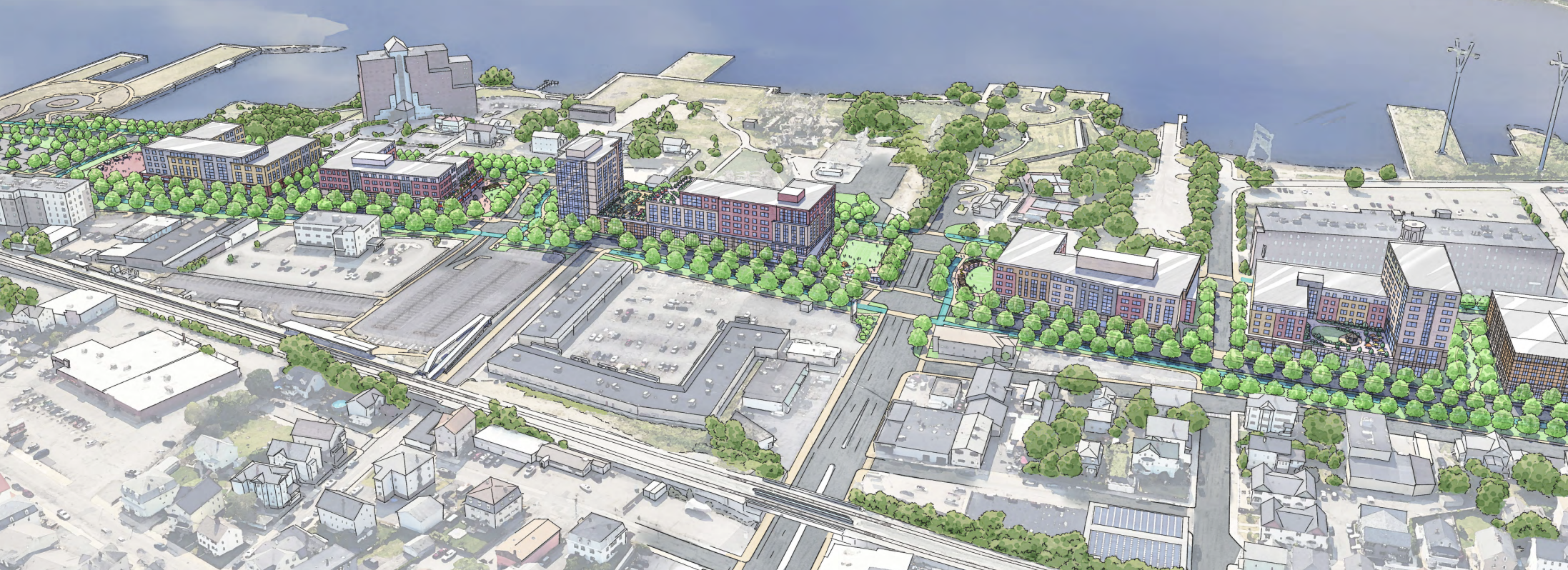 A sketch drawing taken from a bird's eye perspective of new mixed-use buildings on a city waterfront with a railway in the foreground.