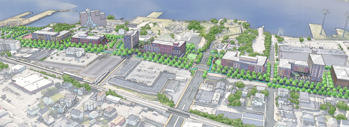 A sketch drawing taken from a bird's eye perspective of new mixed-use buildings on a city waterfront with a railway in the foreground.