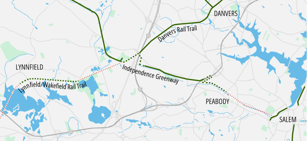 Locator map of the Peabody Independence Greenway, and the Lynnfield/Wakefield Rail Trail, illustrating their proximity to downtown Salem (at lower right) and connections to the existing Danvers Rail Trail (upper center). 