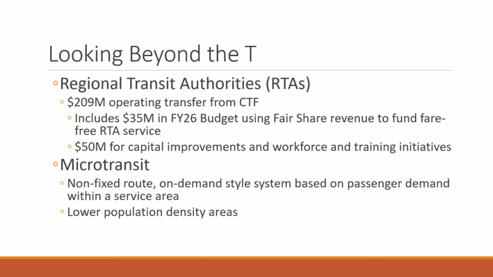 A slide outlining transportation progress outside of the MBTA. The Regional Transit Authorities bullet point entails a $209 million transfer from the CTF, $35 million for fare-free RTA service, and $50M for capital and workforce initiatives. The slide also describes microtransit as an on-demand, non-fixed-route service for lower-density areas.