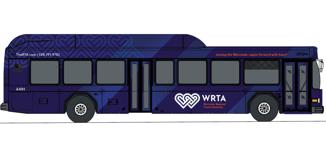 A side-view illustration of a Worcester WRTA city bus with its new branding, featuring a logo of two intertwined hearts in a W shape and a dark blue color scheme.