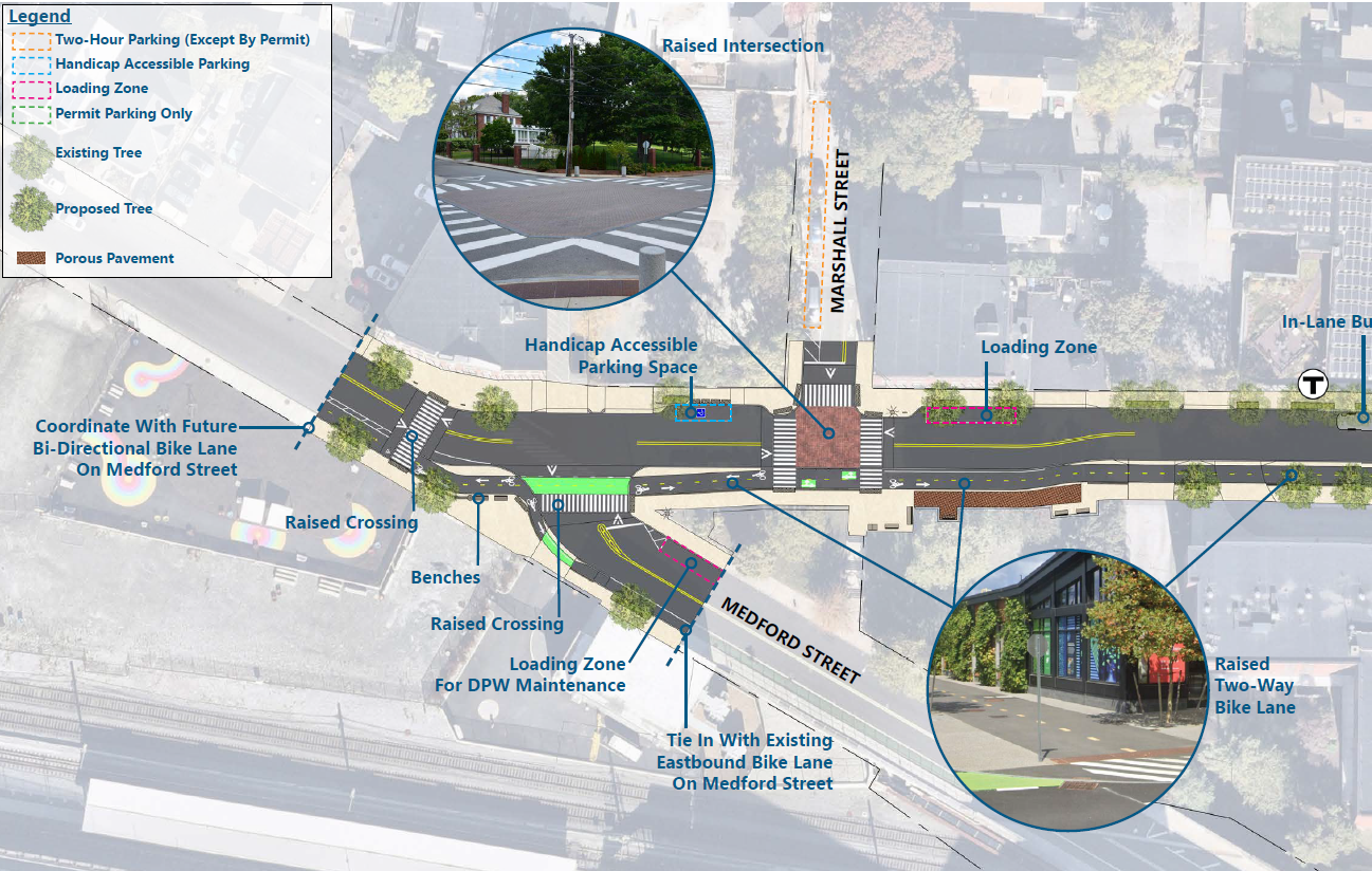An aerial view rendering of construction plans for Pearl Street (running horizontally through the middle of the image) near Medford Street (which intersects Pearl diagonally from the left). The plans show new raised crosswalks and a two-way bikeway on the lower (south) side of the roadway. 
