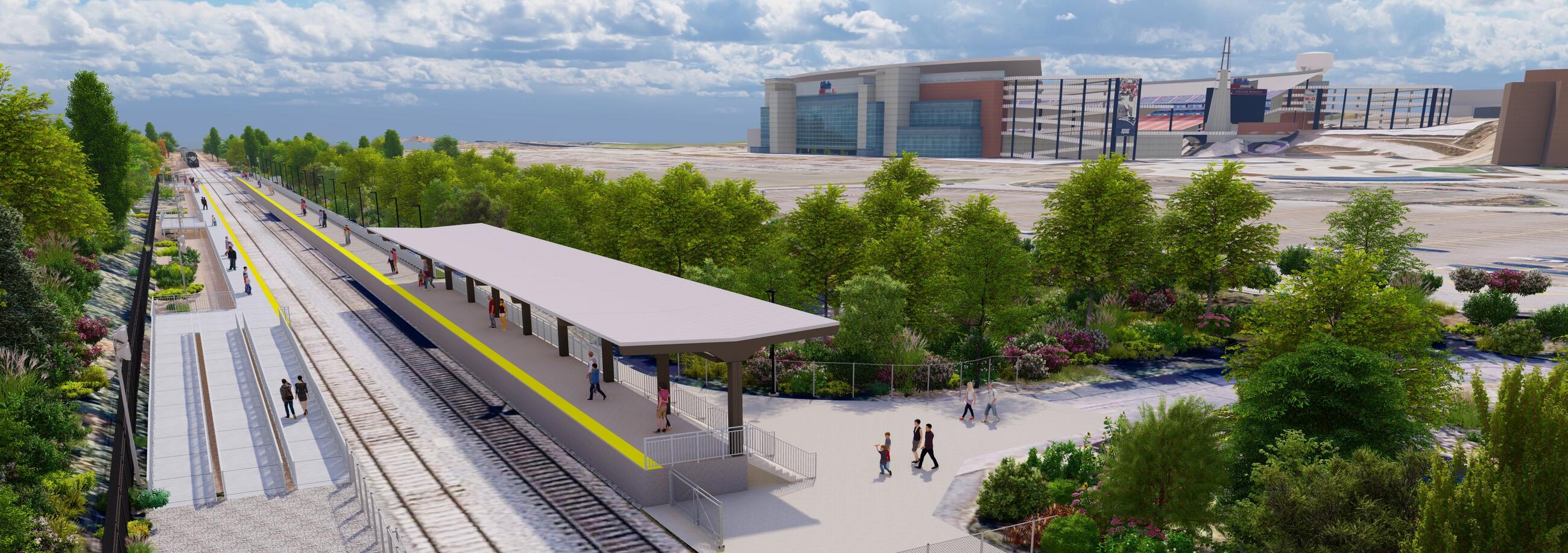 A computer-generated rendering of the new platforms being built at Foxboro station, with a large stadium visible on the horizon beyond a massive parking lot.