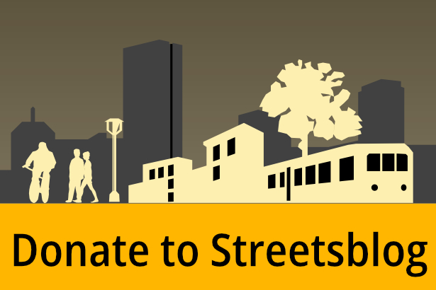 A stylized Boston cityscape with silhouettes of a pair of people walking, someone on a bike, a tree, and a subway train in front of an outline shaped like the Hancock building. Beneath the illustration are the words "donate to streetsblog"