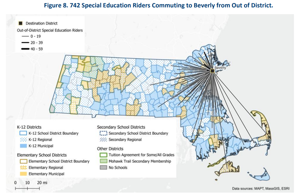 A map of Massachusetts showing 742 out-of-district special education riders traveling to Beverly. Black lines radiate from Beverly to districts across the state, with the most stretching to the right toward eastern Massachusetts and some extending to central, western, and Cape communities.