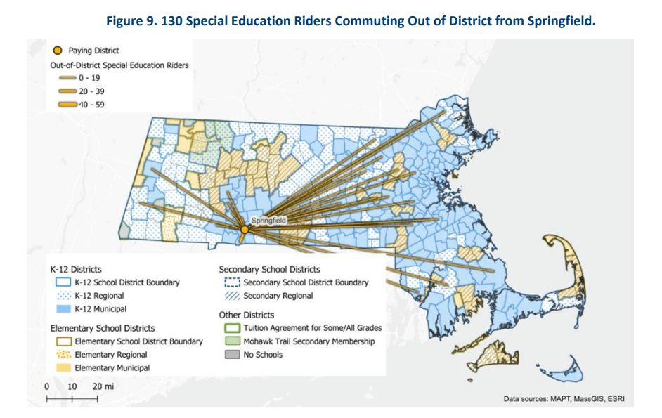 A map of Massachusetts showing 130 special education riders commuting out of district from Springfield. Gold lines extend from Springfield to districts across the state, most to eastern Massachusetts and some in the area and further west.