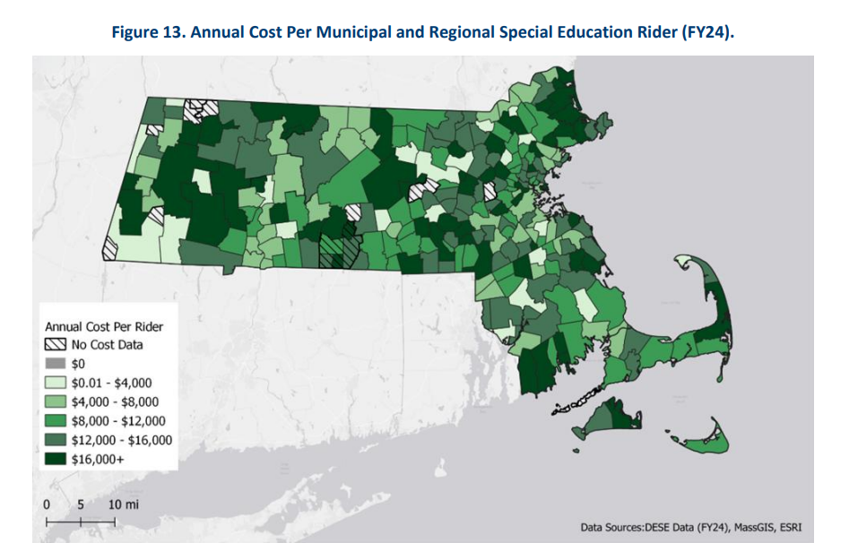A map of Massachusetts showing FY24 annual cost per municipal and regional special education rider by district. Districts vary from light to dark green, showing increasing cost. A few white and lined districts indicate no cost data.
