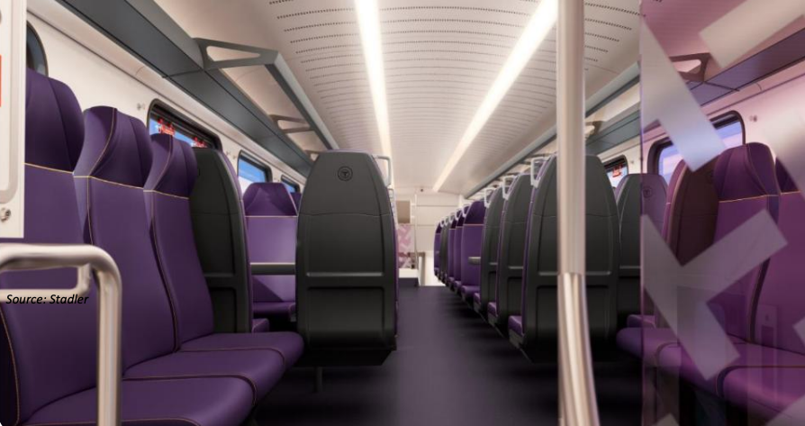 A rendering of the inside of a modern train car with rows of purple bucket seats
