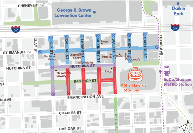 A map highlighting a grid of pedestrianized streets near "Shell Energy Stadium" in Houston. 