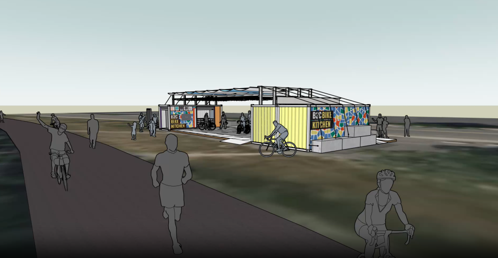 A 3D rendering of the B2C Bike Kitchen layout showing colorful shipping containers with murals, an open-air plaza covered by a large blue and white canopy, and numerous figures of cyclists, runners, and pedestrians along the adjacent trail and in the bike kitchen space.