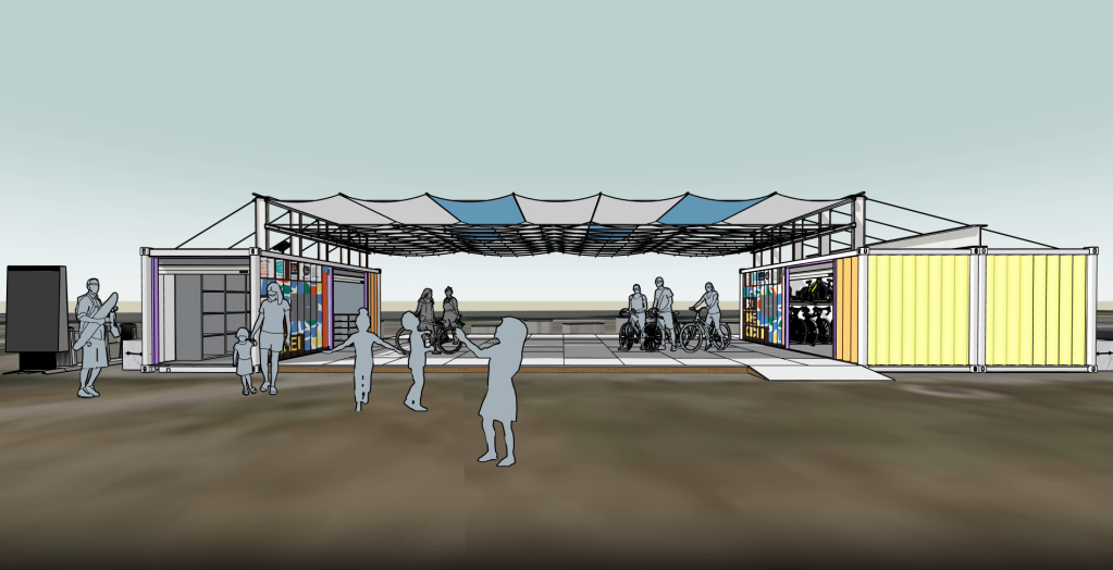 A front-view rendering of the Bike Kitchen expansion, showing two shipping containers, an open-air central area covered by a blue and white canopy, and figures of adults and children playing and standing with bikes in the plaza.