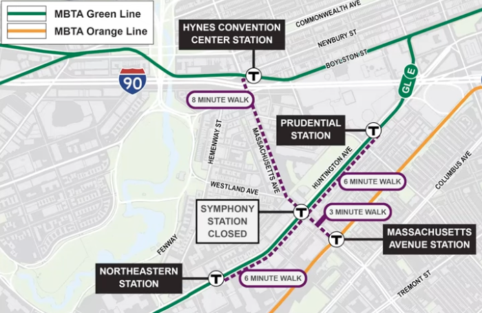 A map of the Back Bay/Fenway district showing alternative MBTA stations near the Symphony Green Line stop. The Mass. Ave. station on the Orange Line is only a 3 minute walk to the southeast; the Northeastern and Prudential Green Line stations are each a 6 minute walk to the southwest and northeast, respectively, along Huntington Ave.