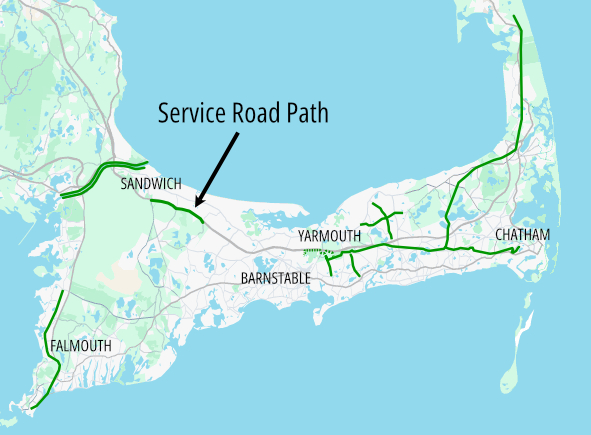 A map of Cape Cod highlighting existing shared-use paths. A arrow highlights the Service Road Path in Sandwich on the western side of the Cape. 