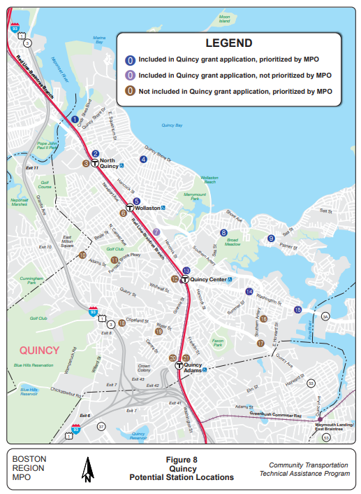 Map titled "Figure 8: Quincy Potential Station Locations". The map shows the city of Quincy, Massachusetts, with the MBTA Red Line-Braintree Branch running vertically through it, and the North Quincy, Wollaston, Quincy Center, and Quincy Adams stops. Numbered circles ranging from 1 to 21 are depicted across the map, color-coded by a legend in the top right of the image. Blue circles mean included in Quincy grant application and prioritized by MPO, purple circles mean included in Quincy grant application but not prioritized by MPO, and brown circles mean not included in Quincy grant application but prioritized by MPO.