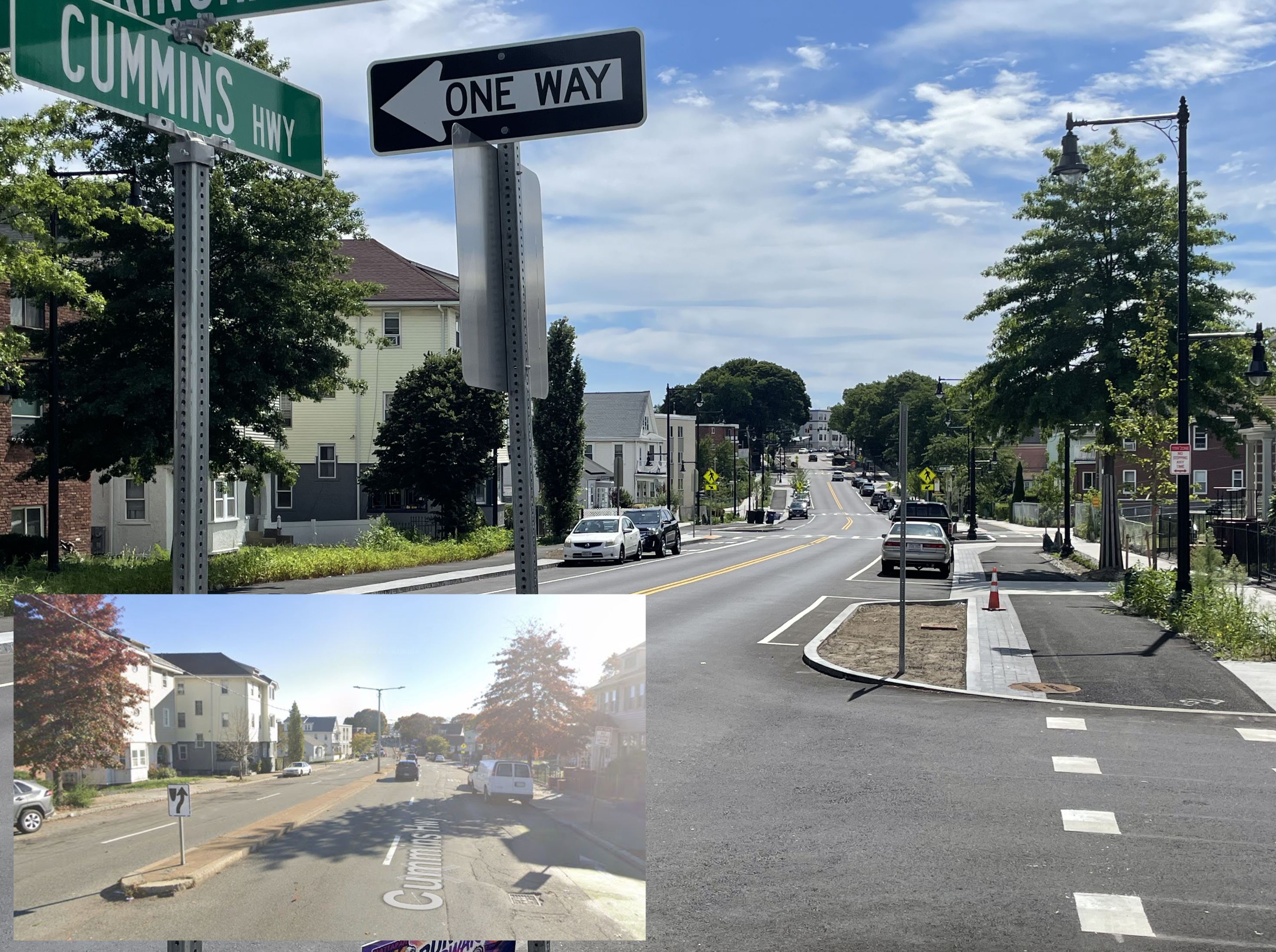 A view of a city street lined with protected bike lanes and newly planted trees; an inset in the lower left corner shows a Google Street view of the same location when the same street was a four-lane highway.