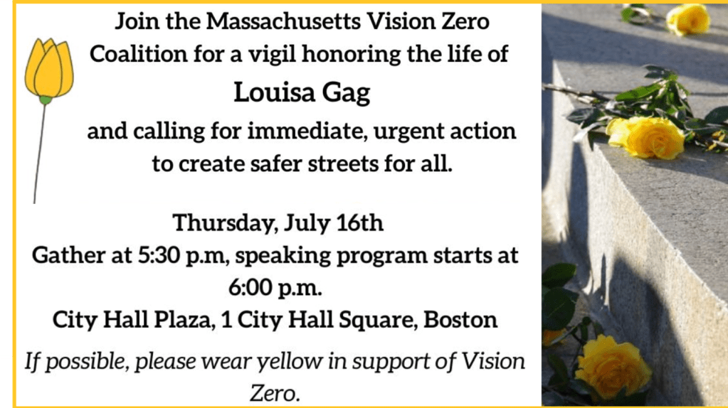 Vision Zero Coalition Plans Thursday Vigil for Louisa Gag At Boston City Hall