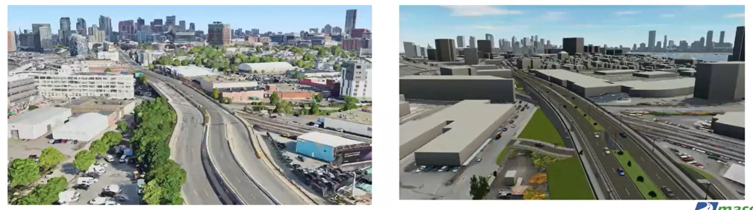 Side-by-side comparison showing the current aerial view of McGrath Highway on the left and a proposed 3D rendering of the boulevard design with green space and multi-use paths on the right.