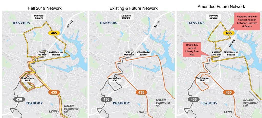 A three-panel layout showing proposed service changes in Danvers and Peabody. The left map shows the original "Fall 2019 Network" where Route 465 loops through Danvers Square, Liberty Tree Mall, and Northshore Mall, the middle map shows the "Existing & Future Network" highlighting the gap left when Route 465 was terminated, and the right panel shows the "Amended Future Network" with callout boxes that highlight the return of Route 465 to reconnect Danvers and Salem, while truncating Route 435 to end at the Liberty Tree Mall.