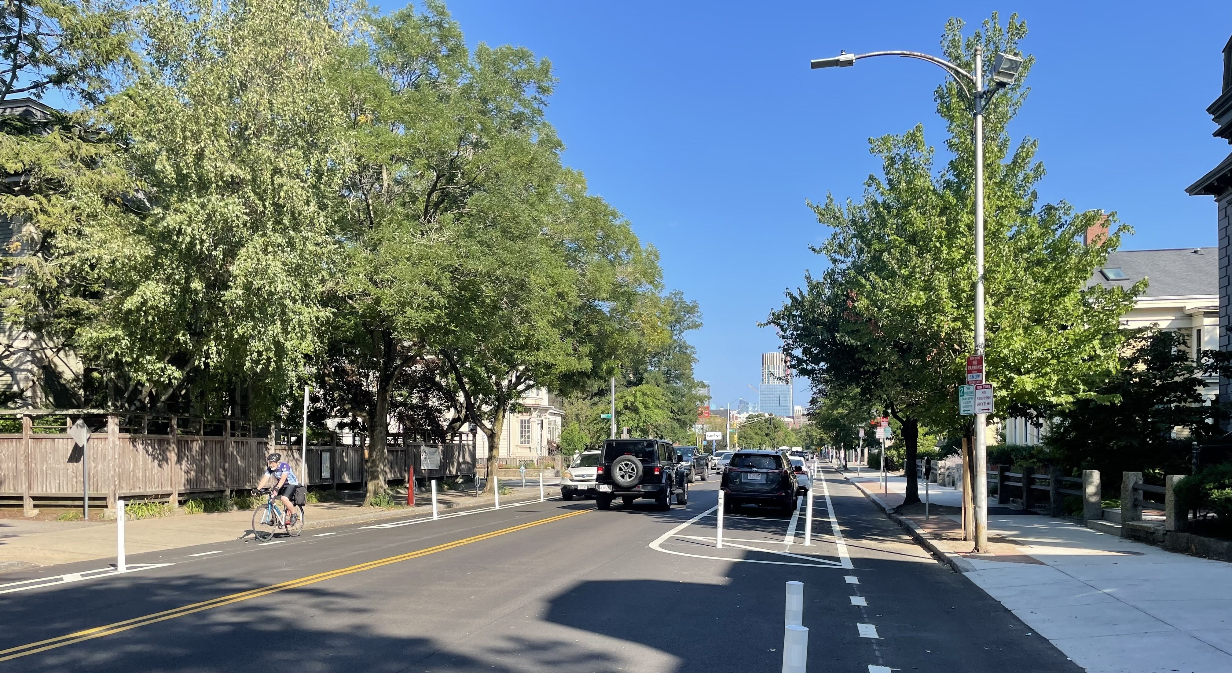 A protected bike lane runs next to white plastic bollards on a two-lane city street with parked cars on the opposite side. 