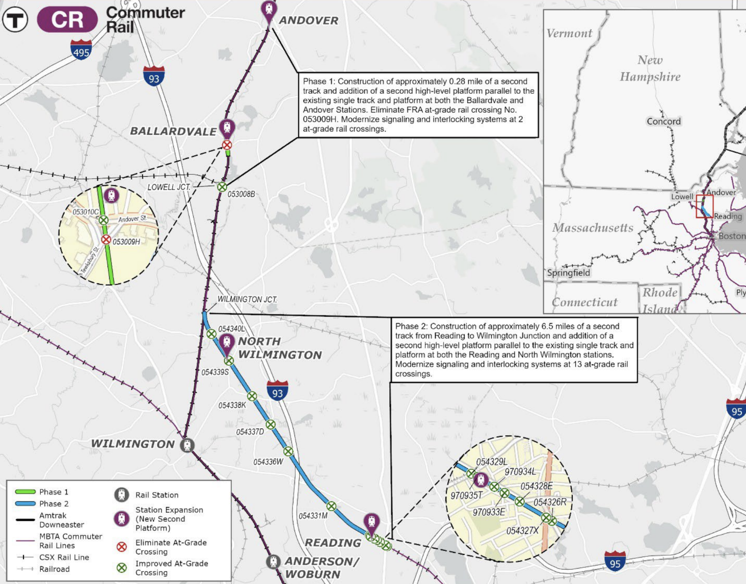A map of Massachusetts from Reading (near the bottom) to Andover (near the top) with the Haverhill Line railway highlighted in a vertical line in between. Icons representing new second platforms at expanded train stations are located at Andover (near the top), Ballardvale, North Wilmington, and Reading. A text box near the top reads "Phase 1: Construction of approx. 0l28 mile of a second track and addition of a second high-level platform parallel to the existing single track and platform at both the Ballardvale and Andover Staitons. Eliminated FRA at-grade crossing No. 053009H. Modernize signalling and interlocking systems at 2 at-grade rail crossings." A second text box near the bottom reads "Phase 2: Construction of approx. 6.5 miles of a second track from Reading to Wilmington Junction and addition of a second high-level platform parallel to the existing single track and platform at both the Reading and North Wilmington stations. Modernize signalling and interlocking systems at 13 at-grade rail crossings."