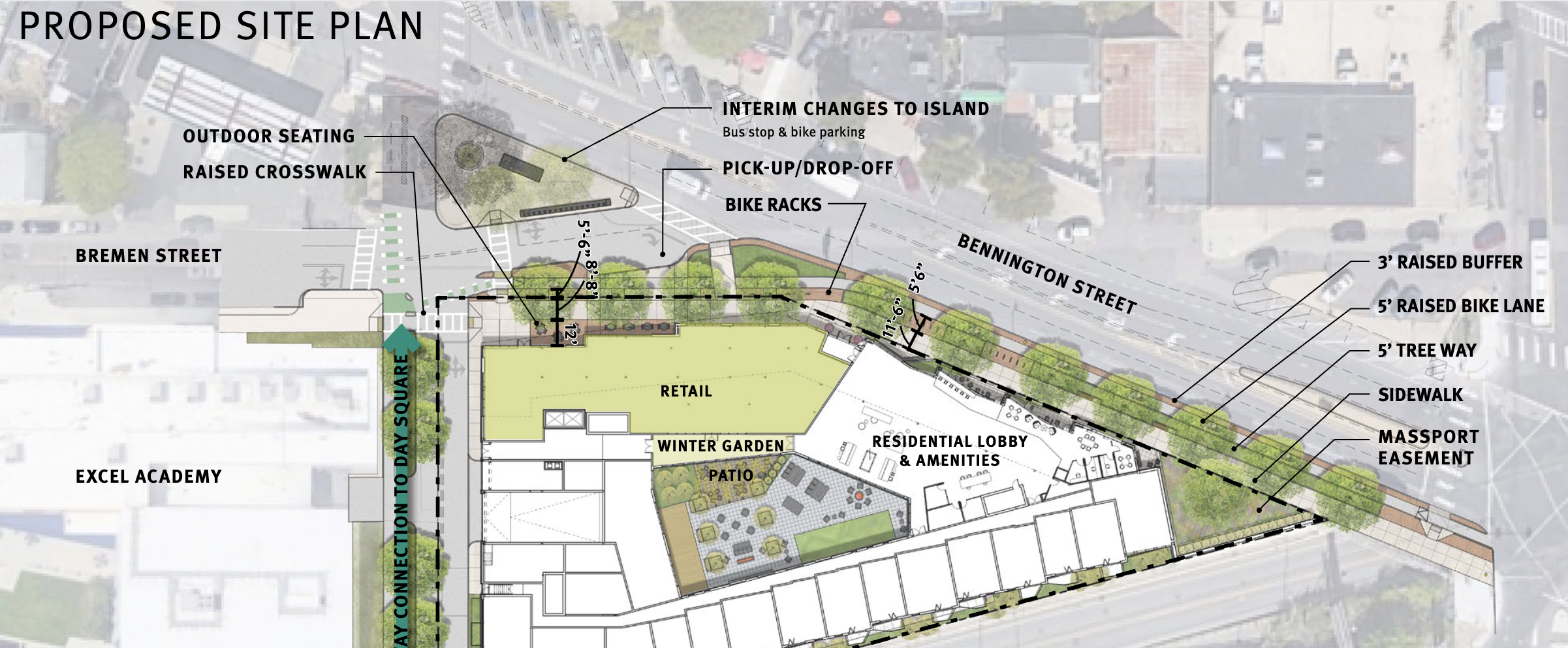 A sketch plan of a new residential building development at the corner of Bennington Street (which runs diagonally from top left to lower right) and Bremen Street (at left) in East Boston. The plans call out new crosswalks and a new 5' wide raised bike lane along the new building's frontage on Bennington Street.