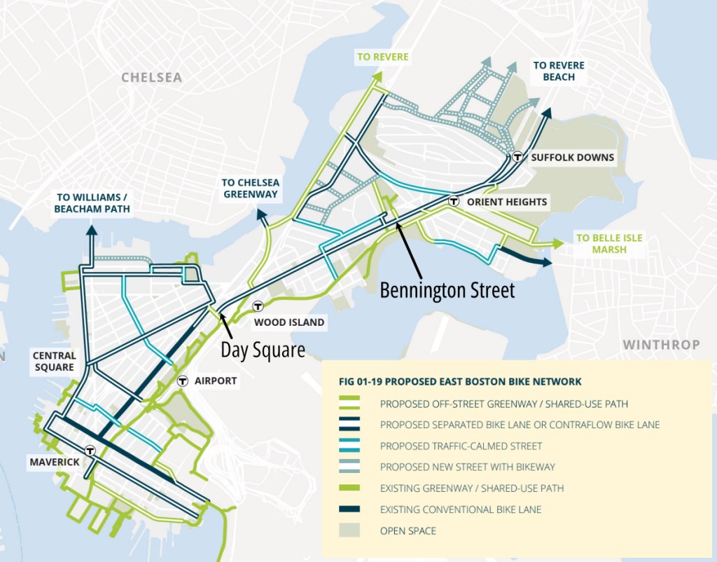 A map of East Boston highlighting proposed bike routes on Bennington Street east of Day Square, with a connection to the East Boston greenway. 