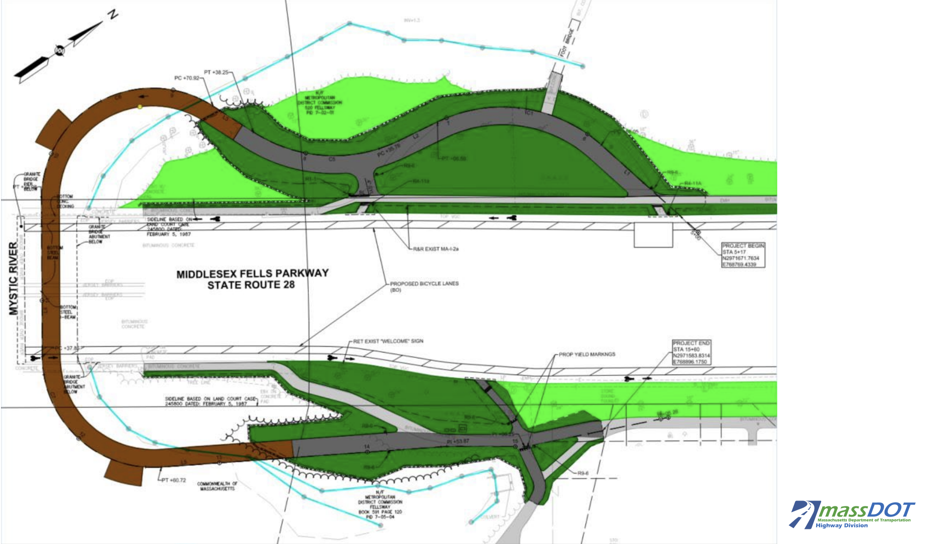 A colored sketch plan of a new bike trail that will run under the Route 28/Wellington Bridge (center, running horizontally through the image). The trail consists of a boardwalk (in brown) that runs over the water and under the bridge, pictured at the left of the image in a wide 'C' shape. The boardwalk connects to a network of pathways on either side of the bridge, pictured as thick grey lines at the top and bottom of the image.