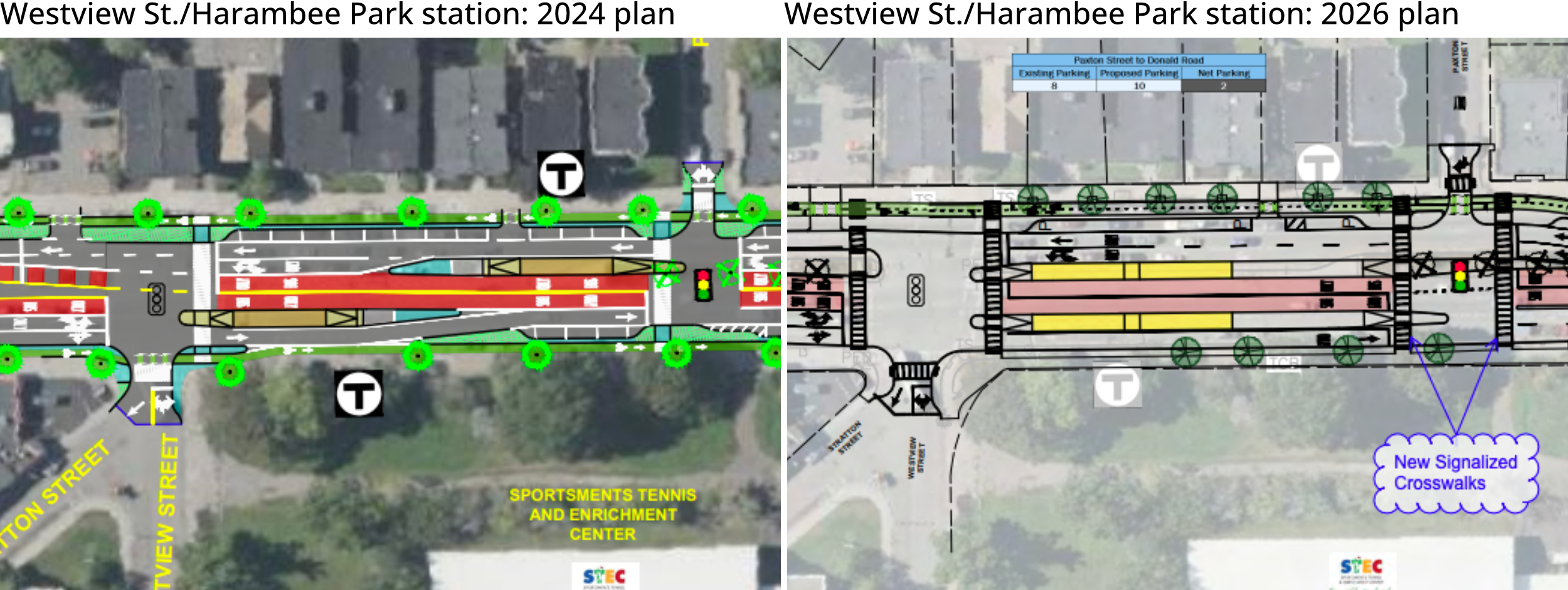 A diptych of images showing a satellite view of a city intersection overlaid with a sketch layout of a city street: left is a 2024 iteration of the plan and right is the 2026 plan.