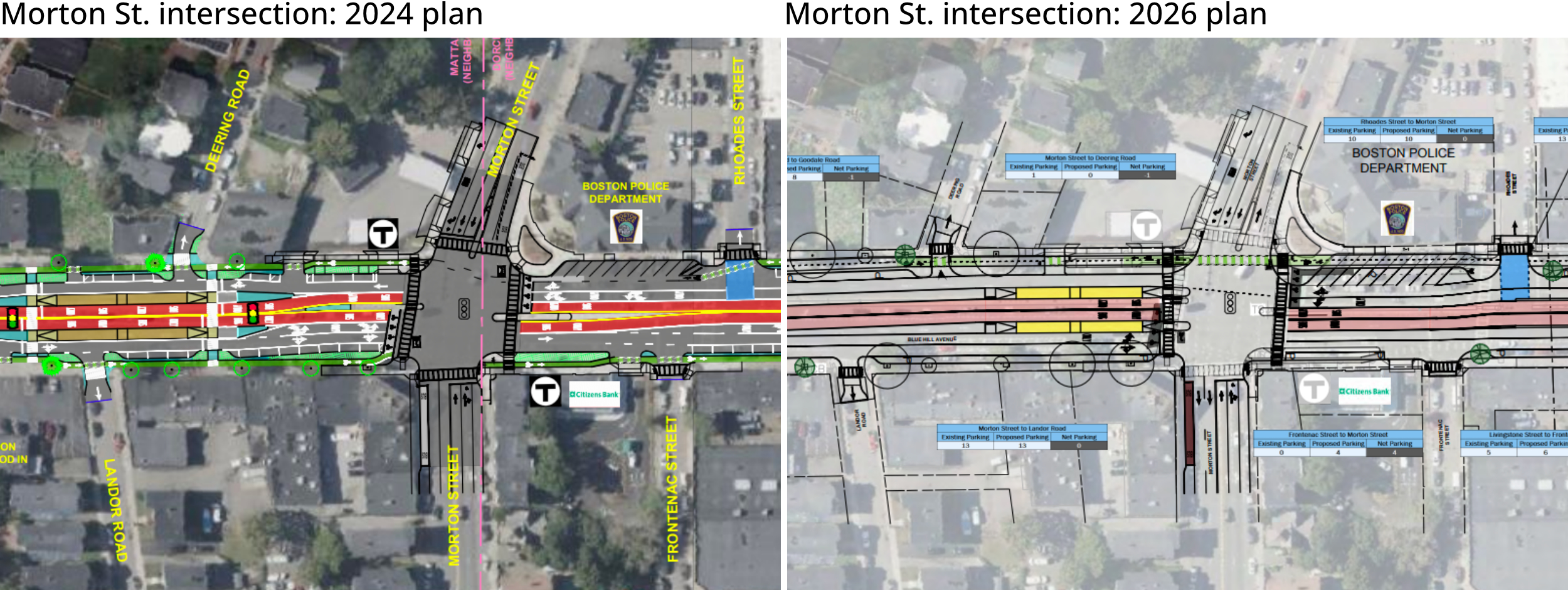 A diptych of images showing a satellite view of a city intersection overlaid with a sketch layout of a city street: left is a 2024 iteration of the plan and right is the 2026 plan.