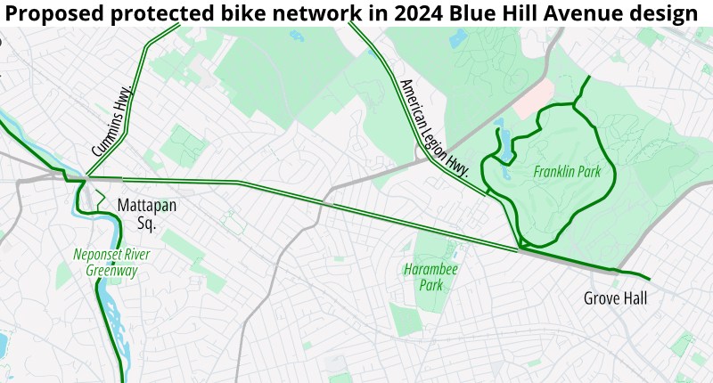 A map of Blue Hill Avenue with Franklin Park at right and Mattapan Square at left, highlighting existing and planned protected bike lanes and paths in the neighborhood. The headline on the map reads "Proposed protected bike network in 2024 Blue Hill Avenue redesign"