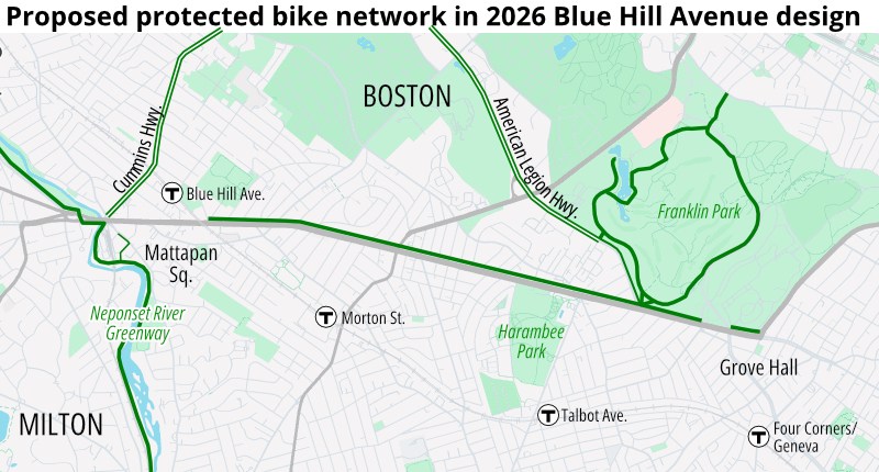 A map of Blue Hill Avenue with Franklin Park at right and Mattapan Square at left, highlighting existing and planned protected bike lanes and paths in the neighborhood. The green lines depict bike paths, with a prominent gap around Mattapan Square. The headline on the map reads "Proposed protected bike network in 2026 Blue Hill Avenue redesign"