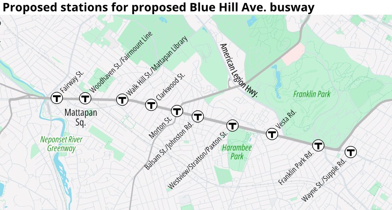 A map of Blue Hill Avenue with Franklin Park at right and Mattapan Square at left, highlighting planned new bus stops and their cross streets. The headline on the map reads "Proposed stations for proposed Blue Hill Avenue busway"