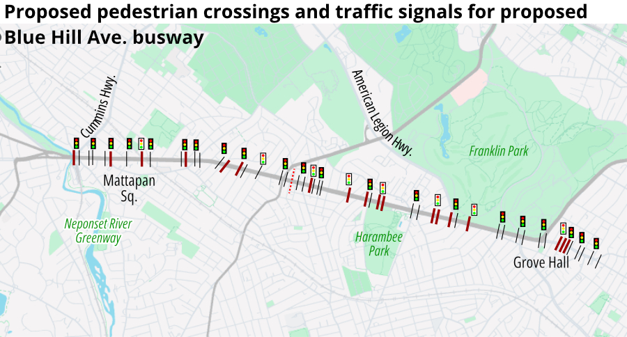 A map of Blue Hill Avenue with Franklin Park at right and Mattapan Square at left, highlighting existing and planned crosswalks and traffic signals pictured as small icons. About 18 red lines indicate planned new crosswalks alongside black lines indicating existing crosswalks. The headline on the map reads "Proposed pedestrian crossings and traffic signals for proposed Blue Hill Avenue redesign"