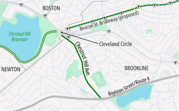 Map of Brookline highlighting Chestnut Hill Ave. which runs north-south between Cleveland Circle and Boylston Street/Route 9 which runs east-west along the bottom edge of the map. On the left edge of the map just west of Cleveland Circle is the Chestnut Hill Reservoir.