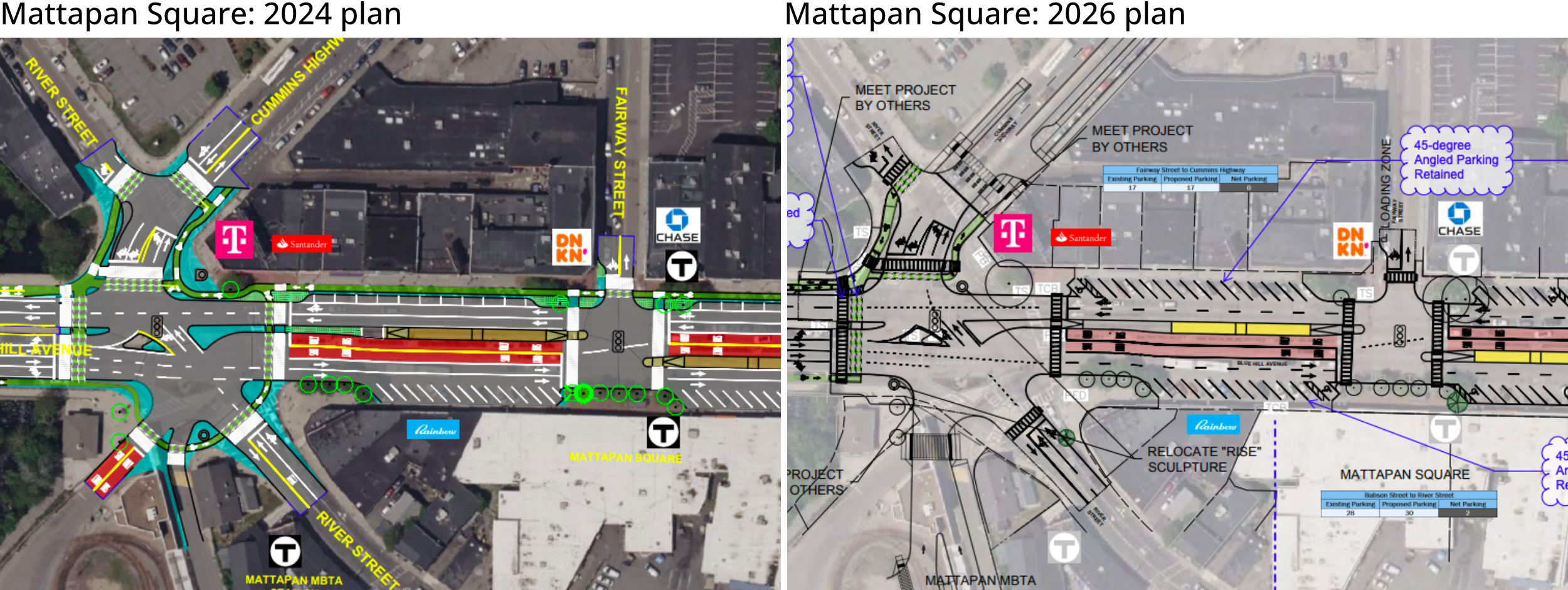 A diptych of images showing a satellite view of a city intersection (left) overlaid with a sketch of a new street layout (left: 2024 plan and right: 2026 plan) of a proposed street redesign with center-running bus lanes and median bus stations in the vicinity of Blue Hill Avenue and Fairway St. in Mattapan Sq.