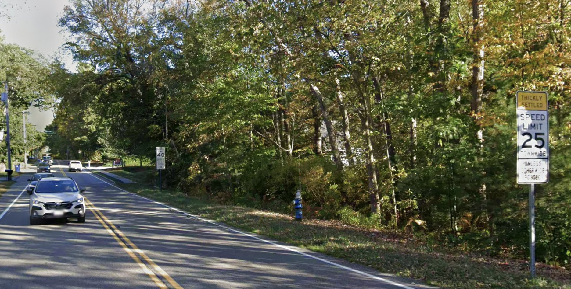 A Google Street View screenshot of a narrow two-lane street next to a 25 MPH speed limit sign in the foreground and anotherr 40 mph speed limit sign in the distance. The street is lined with leafy trees.