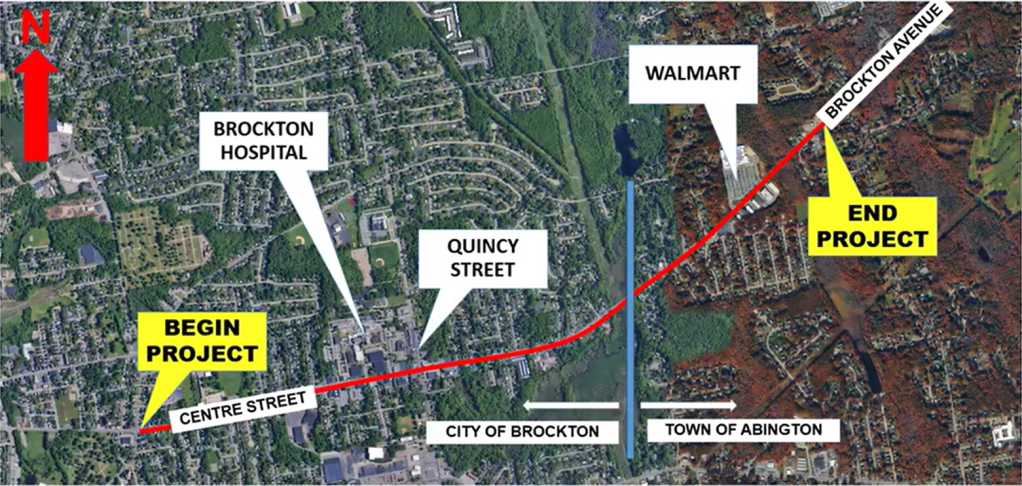 Aerial map of the Route 123 project corridor running from Lyman Street/Centre Street in Brockton past Brockton Hospital, Quincy Street, and Walmart, ending at Ashland Street/Brockton Avenue in Abington.